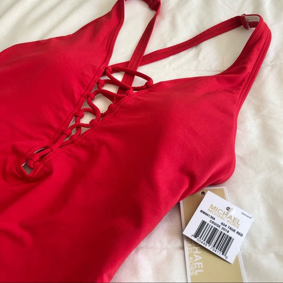 Michael Kors Lace-Up One Piece Bathing Swimsuit True Red Size 8 - Picture 2 of 5